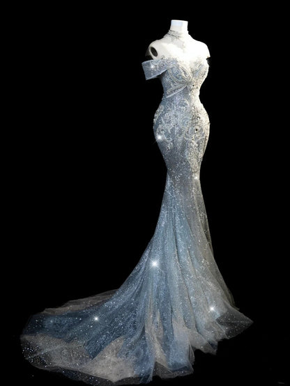 Fairytale Fantasy Art Wedding Dresses Mermaid Off The Shoulder Sequin With Beaded Bodice Long Brides Dress Fitted Bridal Gown N674