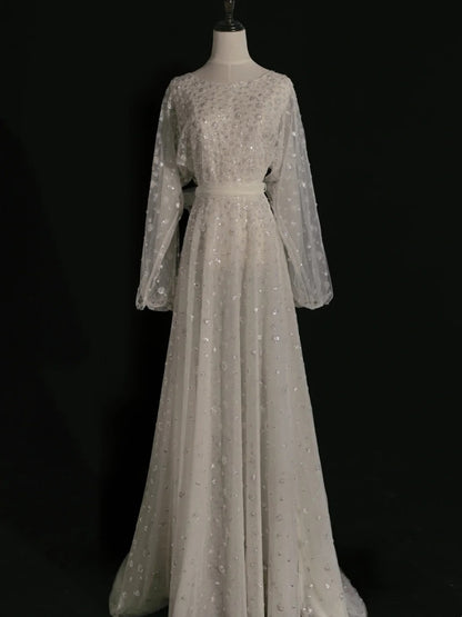 Classic A line Wedding Dresses Scoop Neck Sequin White With Long Sleeves Brides Dress Sequin Bridal Gowns N243