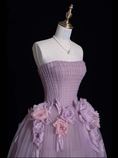 Modest Ball Gown Strapless Lilac Tulle Long Formal Evening Dress Gowns Formal Prom Dresses N747