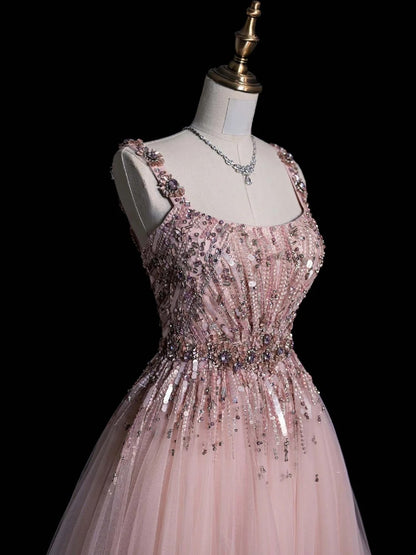 Elegant Ball Gown Square Neck Pink Tulle Long Prom Dresses For Teens Evening Outfits Formal Dress N1084