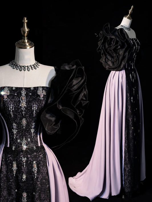 Modest A line Strapless Black Sequins Prom Dresses Inspiration Party Gowns Princess Formal Dress N1274