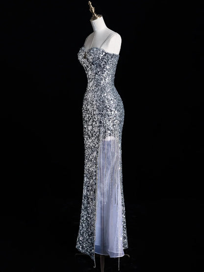 Chic Mermaid Spaghetti Strap Silver Gray Sequins Senior Prom dresses High School Long Formal Dresses N1269