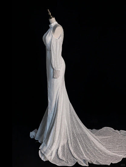 Pretty Mermaid High Neck Sequin White Backless With Slit Brides Gown Bridal Dress Style Long Wedding Dresses RB6564