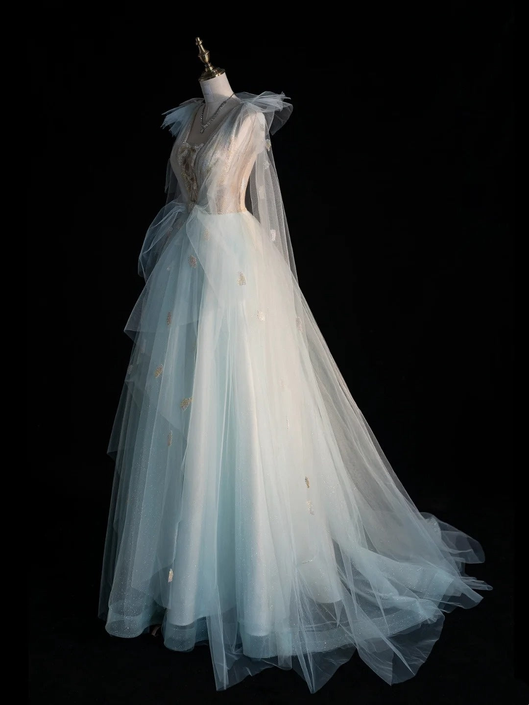 Princess Ball Gown V Neck Light Sky Blue Tulle College Formal Outfit Prom Graduation Dresses For Teens N1344