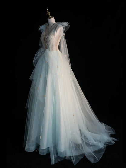 Princess Ball Gown V Neck Light Sky Blue Tulle College Formal Outfit Prom Graduation Dresses For Teens N1344