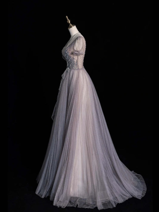 Beautiful Ball Gown V Neck Tulle With Short Sleeves Long Prom Dresses Inspiration Evening Gowns Formal Dress N1225