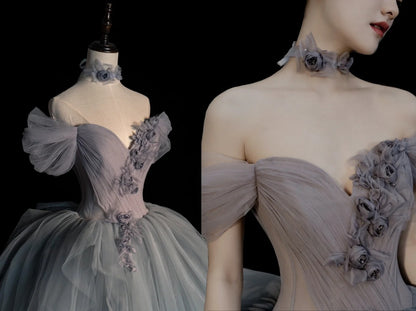 Modest Ball Gown Off The Shoulder Silver Tulle Prom Dresses Inspiration Party Gowns Princess Formal Dress N1280