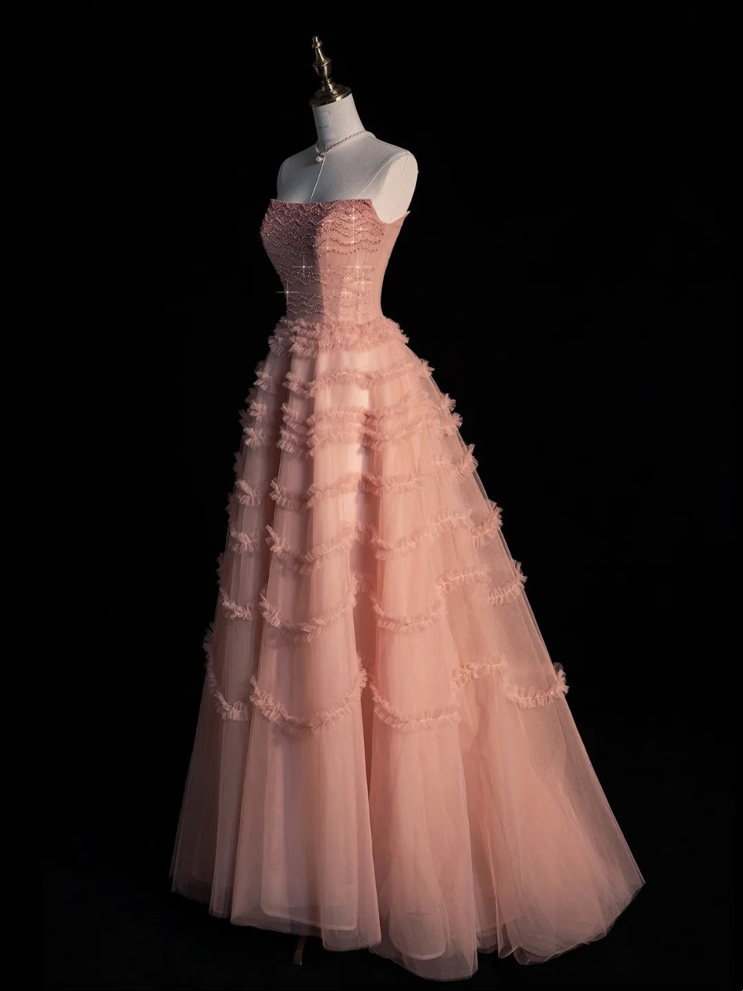 Cute Ball Gown Strapless Blush Pink Tulle Senior Prom Dresses High School Long Formal Dress N1273