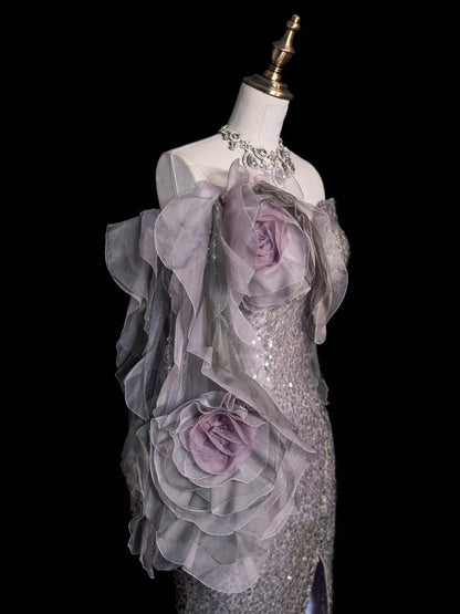 Princess Mermaid Sweetheart Grey Sequined With Slit Long Formal Evening Dress Gowns Prom Dresses N743