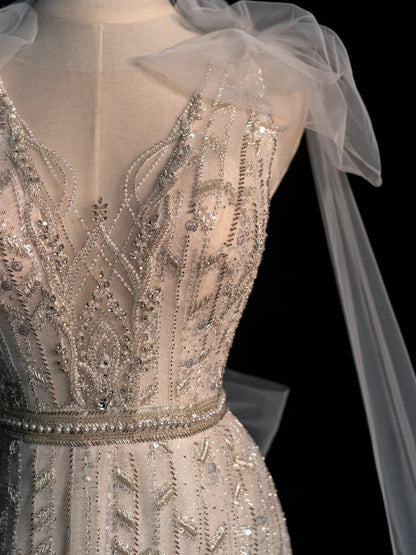 Sparkly Wedding Dresses Mermaid V Neck Ivory Sequins Long Brides Dress Fitted Bridal Gown N1353