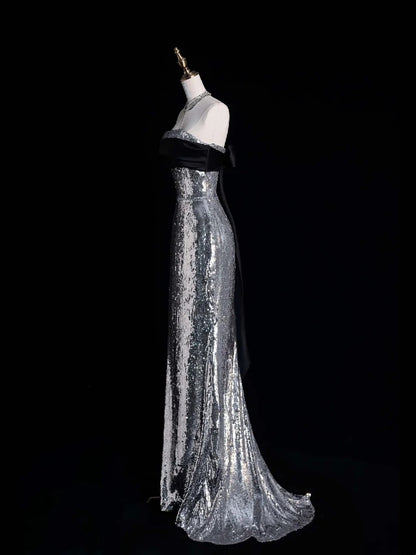 Sparkly Mermaid Strapless Grey Sequin Sleeveless Long Prom Dress For Women Girls Evening Dresses N666
