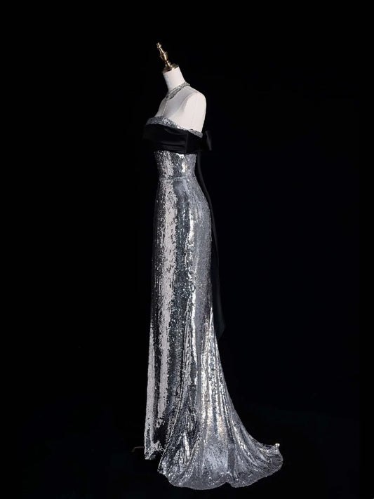 Sparkly Mermaid Strapless Grey Sequin Sleeveless Long Prom Dress For Women Girls Evening Dresses N666