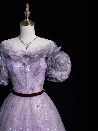 Elegant Ball Gown Off The Shoulder Lilac Sequin Tulle Long Prom Dresses For Teens Evening Outfits Formal Dress N1089