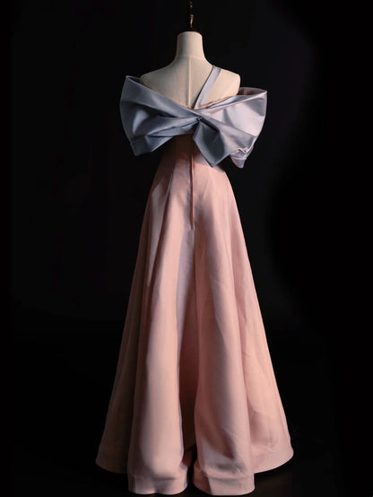 Classy A line One Shoulder Pink Satin With Bow-knot College Formal Outfit Long Prom Graduation Dresses N1219