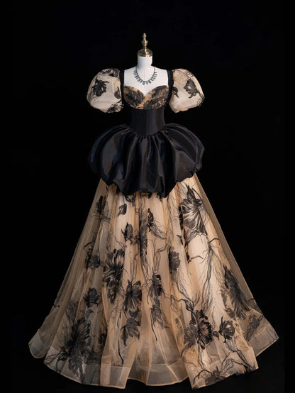 Modest Ball Gown Sweetheart With Puffy Short Sleeves Black Floral Long Prom Dress For Women Girls Evening Dresses N652