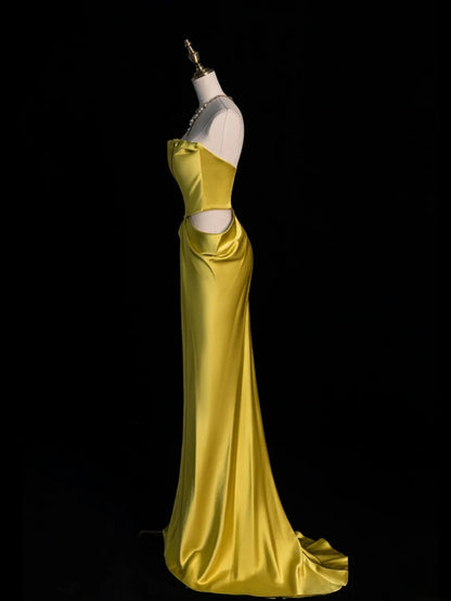 Modest Mermaid Strapless Yellow Satin Sleeveless Senior 80s Prom Dresses High School Long Formal Dress N1339