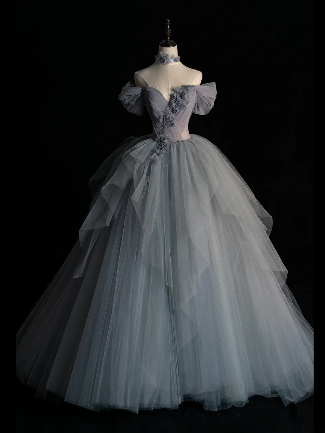 Modest Ball Gown Off The Shoulder Grey Tulle Prom Dresses Inspiration Party Gowns Princess Formal Dress N760