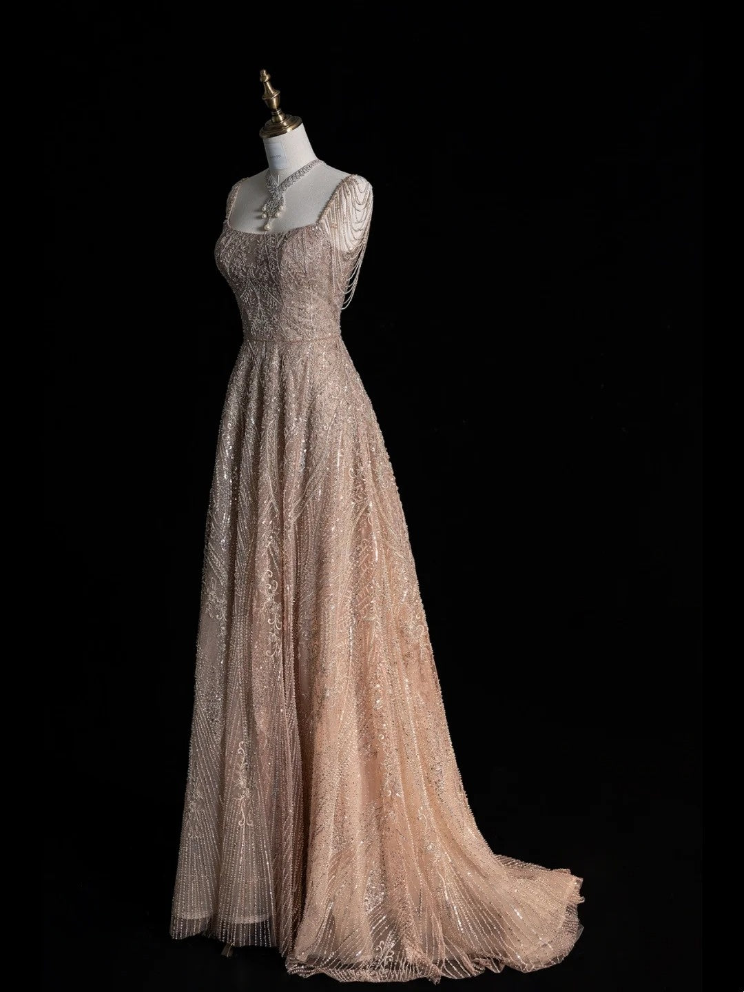 Beautiful Ball Gown Square Neck Champagne Sequins Long Prom Dresses Inspiration Evening Gowns Formal Dress N1226