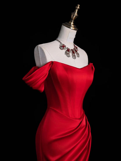 Chic Sheath Off The Shoulder Red Satin Slit Senior Prom dresses High School Long Formal Dress N1271