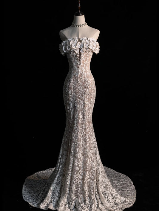 Classic Mermaid Wedding Dresses Off The Shoulder White With Short Sleeves Brides Dress Sequin Bridal Gowns N244