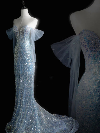Beautiful Mermaid Off The Shoulder Light Sky Blue Sequin Long Prom Dresses Formal Gowns Inspo Evening Outfit N245