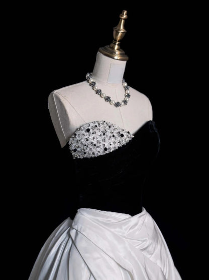 Modest Ball Gown Sweetheart Black Top White Satin Long Prom Dress For Women Girls Evening Dresses N650