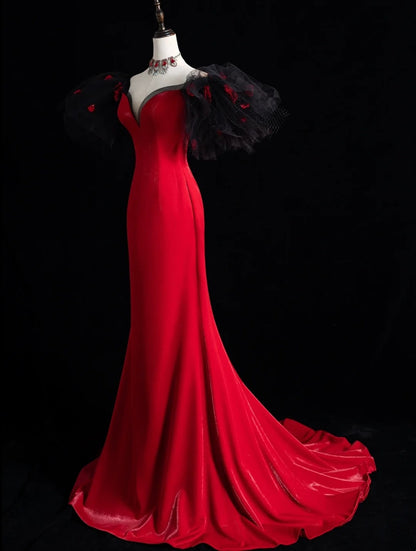 Elegant Mermaid Off The Shoulder Red Satin With Sleeves Floor Length Inspiration Long Prom Dresses N1217