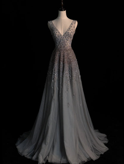 Modest A line V Neck Grey Tulle With Beadings College Formal Outfits Long Prom Inspo Graduation Dresses N1230