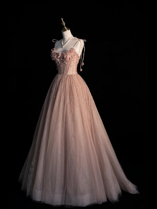 Beautiful Ball Gown Spaghetti Strap Pink Tulle Long Prom Dresses Inspiration Evening Gowns Formal Dress N1221