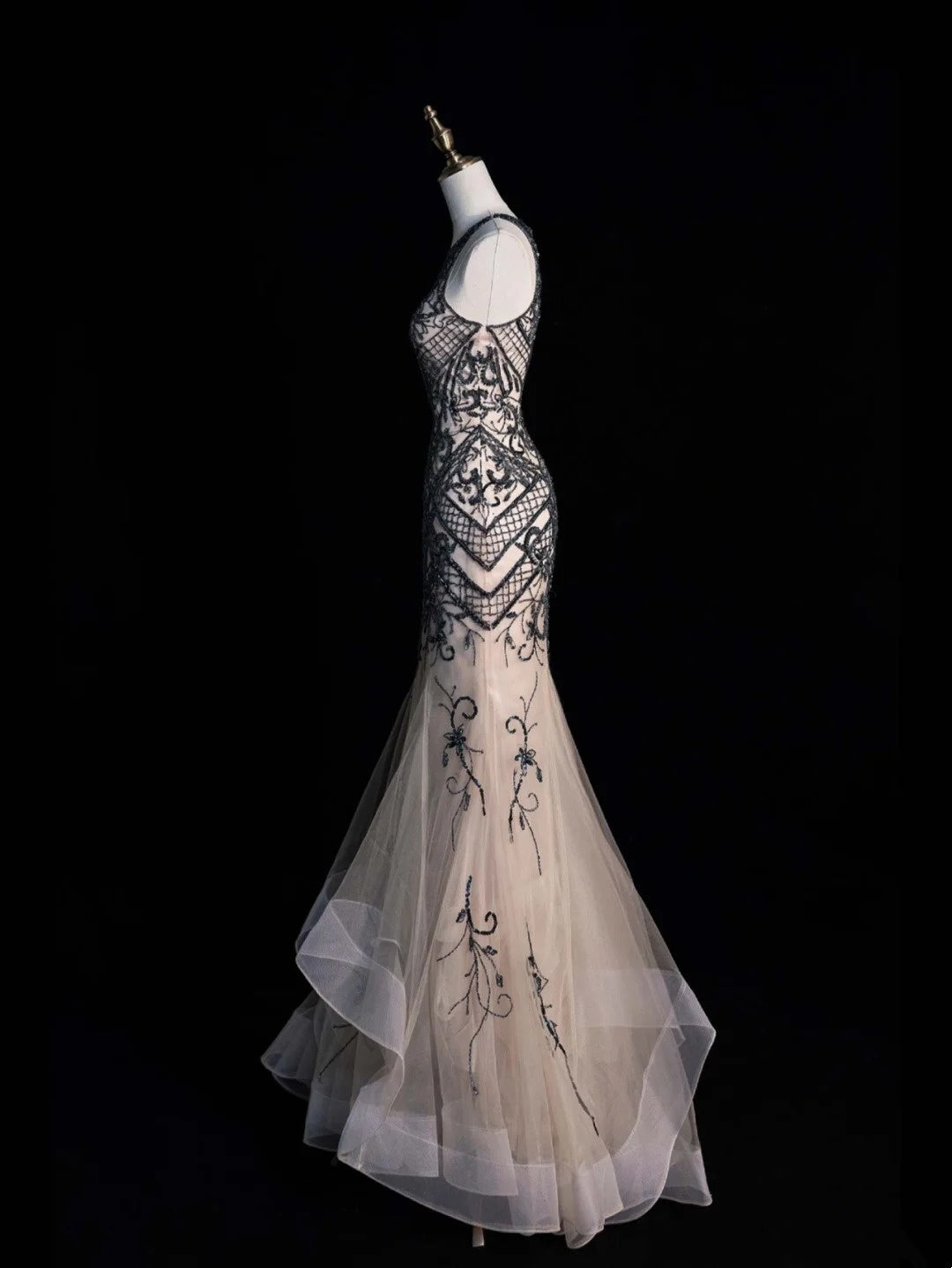 Vintage Mermaid Jewel Neck Champagne Tulle Prom Dresses Long Formal Party Gown N1350