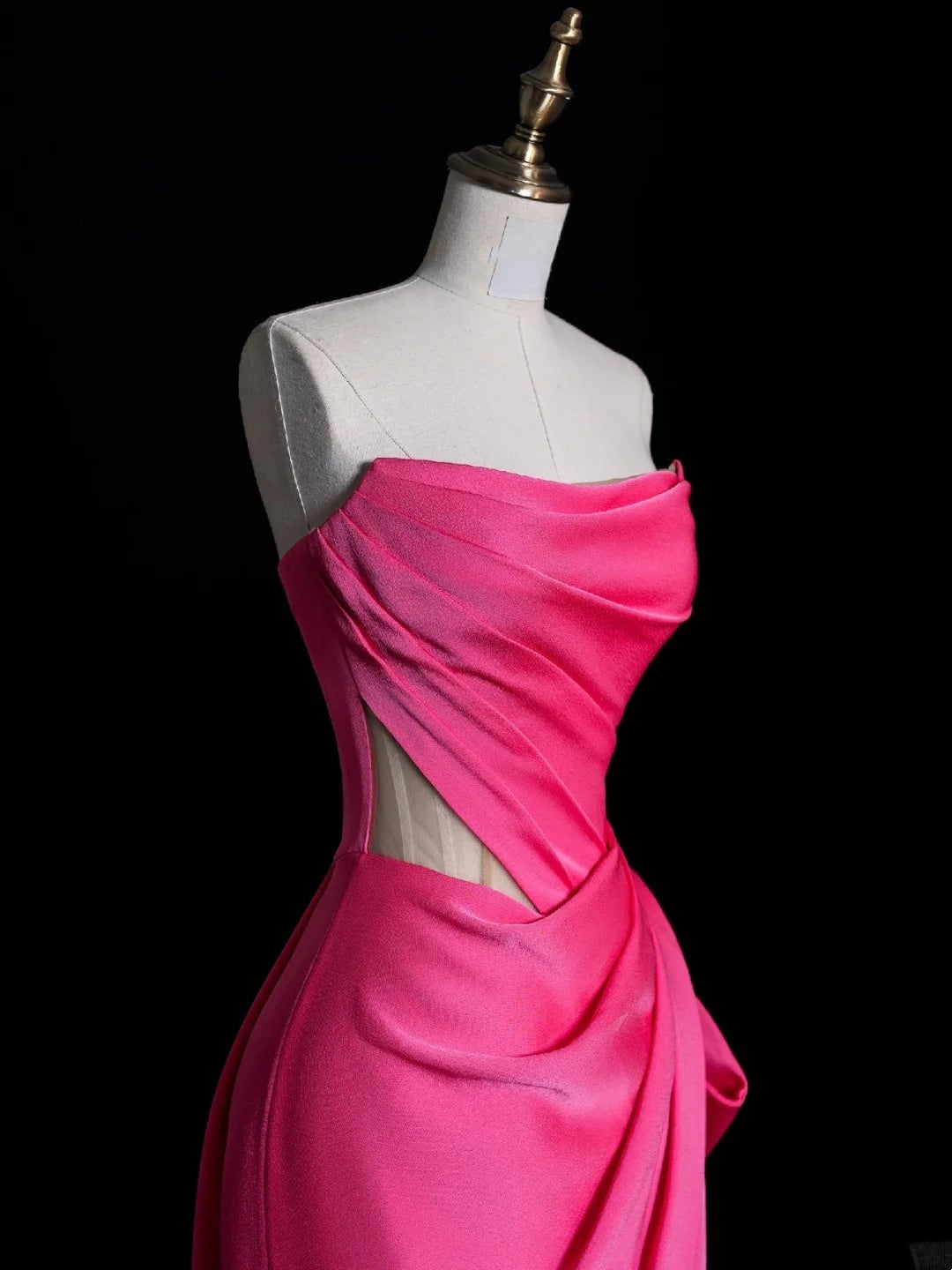Simple Mermaid Strapless Pink Satin Pleated With Satin Long Prom Dresses Formal Gowns N849