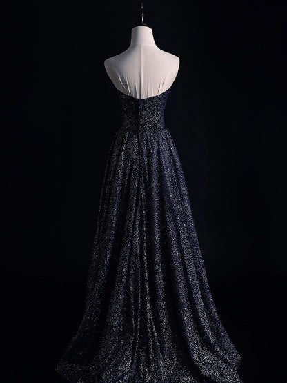 Classy A line Strapless Black Sequins College Formal Outfit Long Prom Graduation Dresses N1218