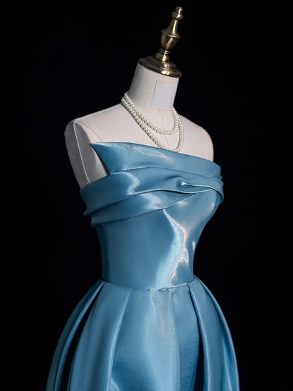 Gorgeous A Line Strapless Blue Satin Long Formal Evening Dress Gowns Prom Dresses N740