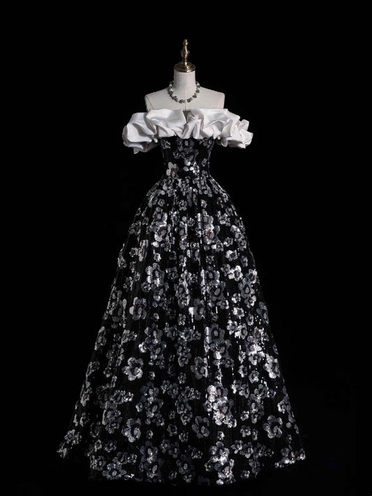 Modest Ball Gown Off The Shoulder Black Floral Sequin College Formal Sweet 16 Outfit Long Prom Dresses For Teens N1166