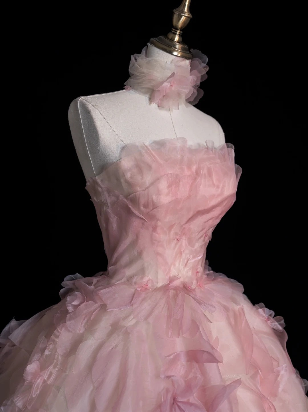 Modest Ball Gown Strapless Pink Floral Tulle Prom Dresses Inspiration Party Gowns Princess Formal Dress N755
