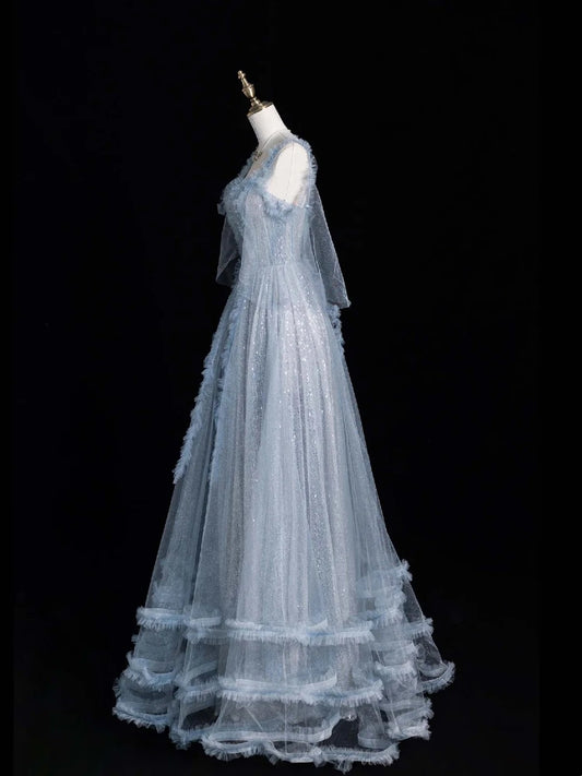 Beautiful Ball Gown Spaghetti Strap Blue Tulle Long Prom Dresses Inspiration Evening Gowns Formal Dress N1223