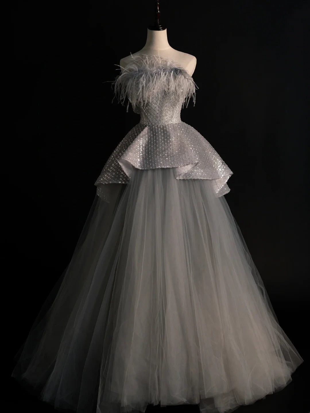 Modest Ball Gown Strapless Sequin Gray Tulle Long Prom Dresses For High School Teens Girls Formal Bridesmaid Dress N1069