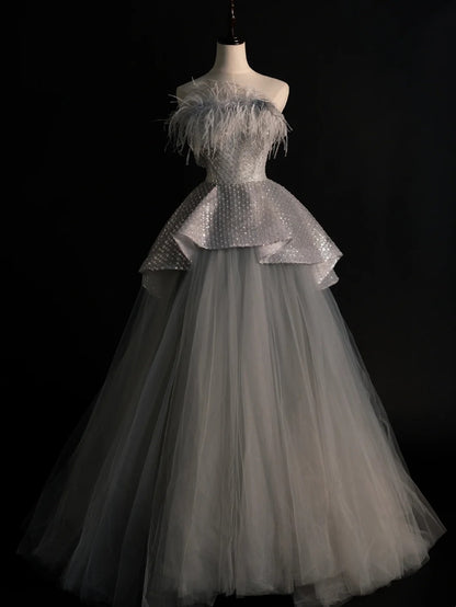 Modest Ball Gown Strapless Sequin Gray Tulle Long Prom Dresses For High School Teens Girls Formal Bridesmaid Dress N1069