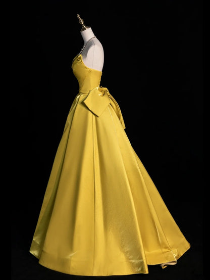 Chic Ball Gown Sweetheart Yellow Satin Senior Prom dresses High School Long Formal Dress N1261