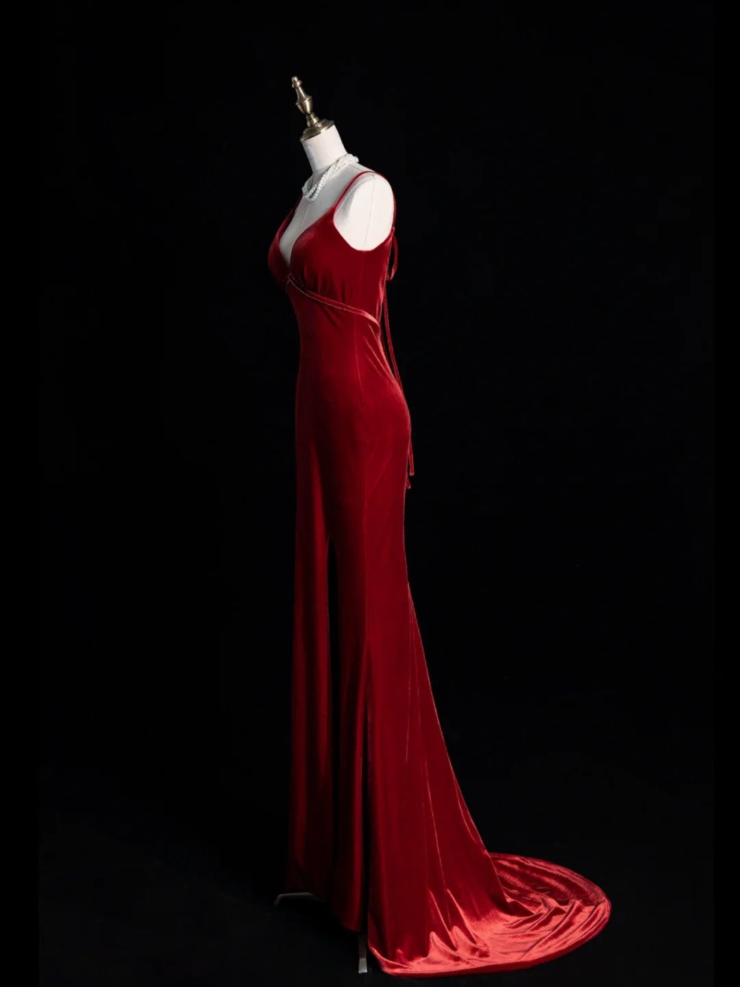 Modest Mermaid Spaghetti Strap Burgundy Velvet Sleeveless Long Prom Dress For Women Girls Evening Dresses N679