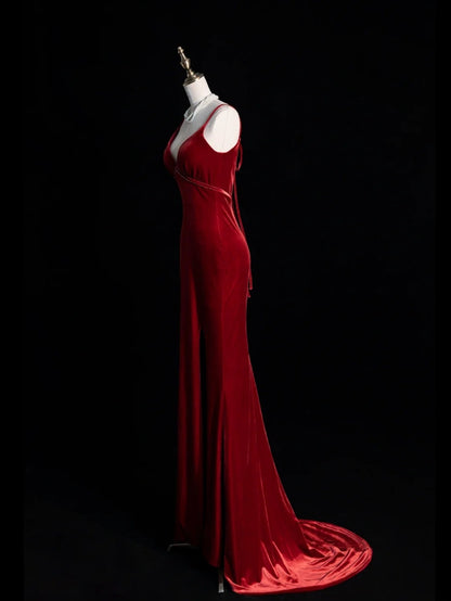Modest Mermaid Spaghetti Strap Burgundy Velvet Sleeveless Long Prom Dress For Women Girls Evening Dresses N679