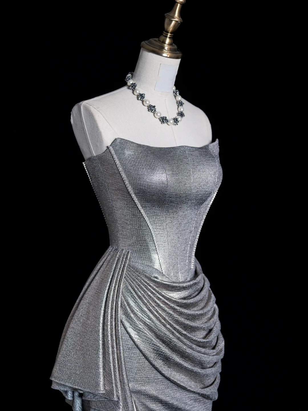 Whimsical Mermaid Strapless Silver Gray Sequin Pleated Bodice Long Prom Dresses Night Formal Dress N611