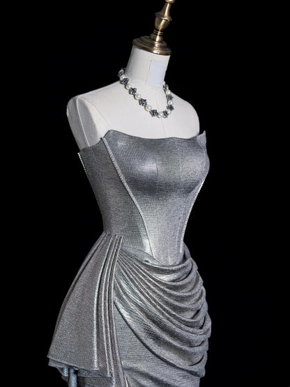 Whimsical Mermaid Strapless Silver Gray Sequin Pleated Bodice Long Prom Dresses Night Formal Dress N611