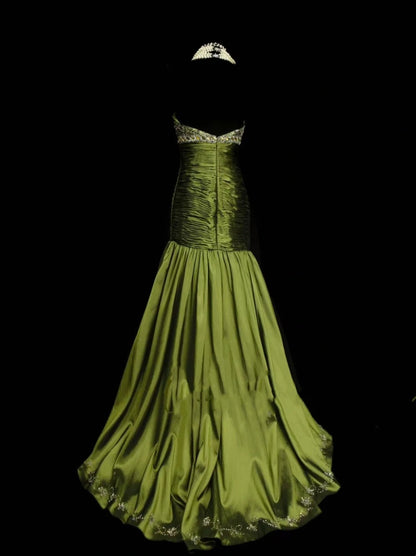 Vintage Prom Dresses Aesthetic Mermaid Sweetheart Green Satin With Beaded Crystals Bodice Inspo Formal Party Gowns N1825