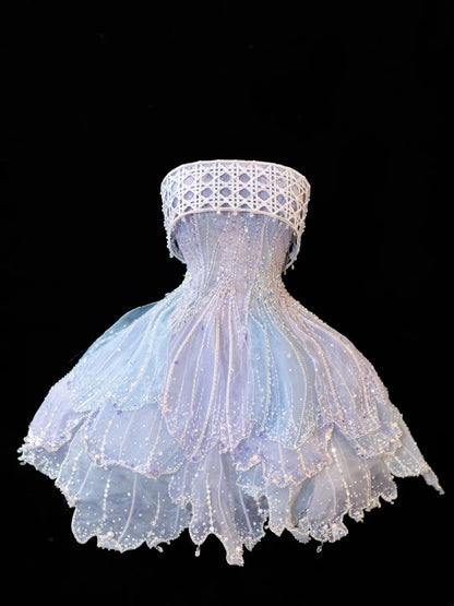 Princess Ball Gown Strapless Ice Blue Sequined Short Mini Homecoming Dresses Hoco Gowns N2841