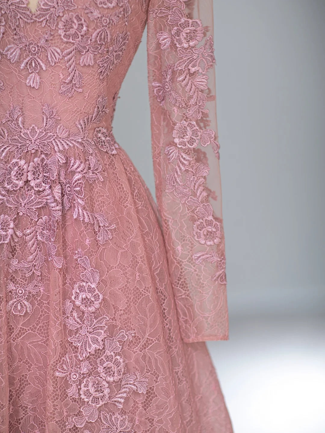 Elegant A line Scoop Pink With Long Sleeves Tea Length Prom Dresses Inspo Evening Outfits RB4002