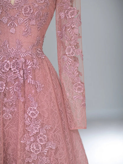 Elegant A line Scoop Pink With Long Sleeves Tea Length Prom Dresses Inspo Evening Outfits RB4002