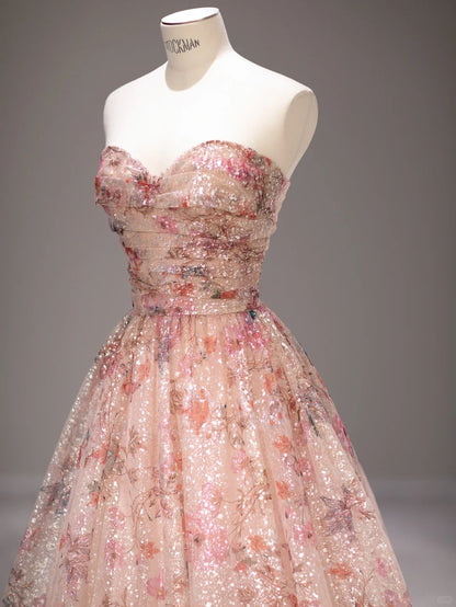 Sweet A line Sweetheart Pink Floral Tulle Sleeveless Long Prom Dresses Formal Outfits RB3987