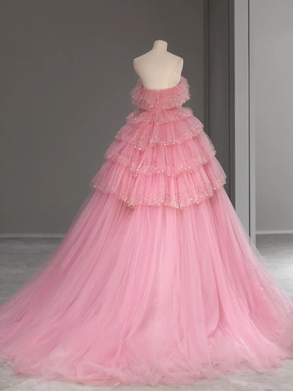 Princess Prom Dresses Ball Gown Strapless Pink Tulle Sweet 16 Evening Long Formal Dress RB4006