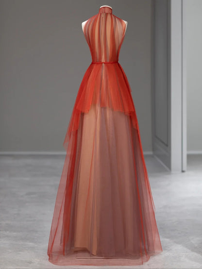 Elegant A Line High Neck Orange Tulle With Flower Beads Long Prom Dresses Inspo Evening Outfits RB3998